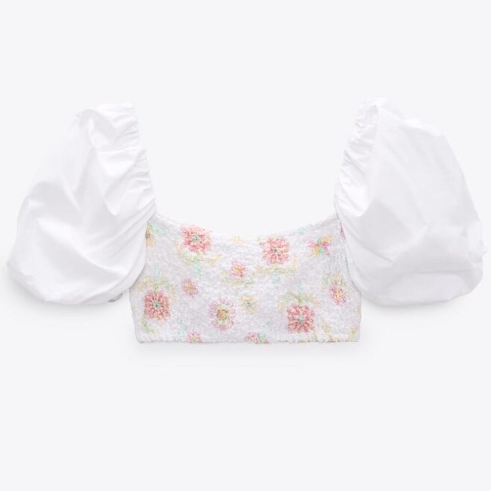 Zara White Flora Poplin Crop Top